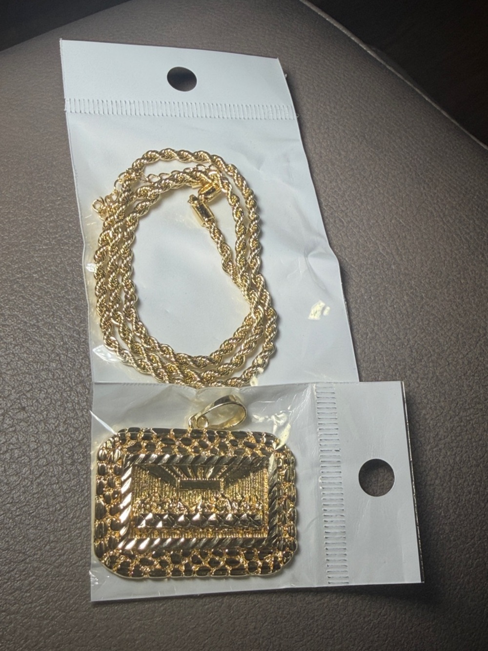 Gold filled Rope Chain Necklace with Rectangular Pendant